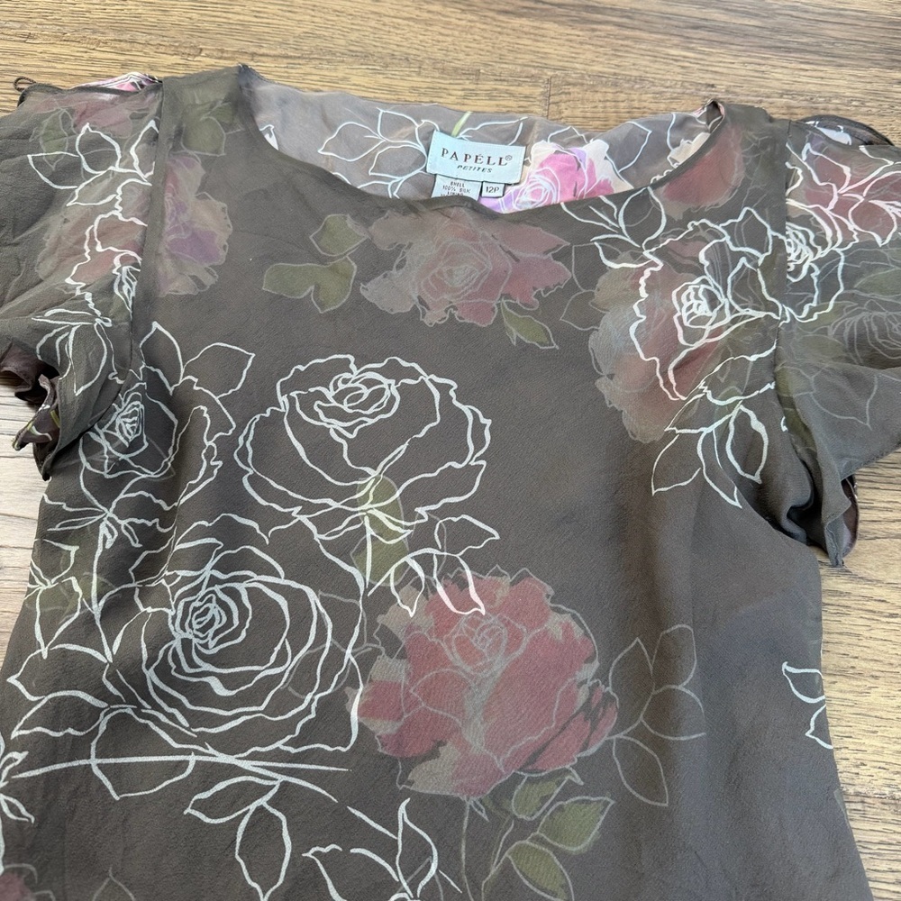 Y2K Silk Floral Blouse Small Flutter Sleeve Top Papell EUC - Picture 2 of 7